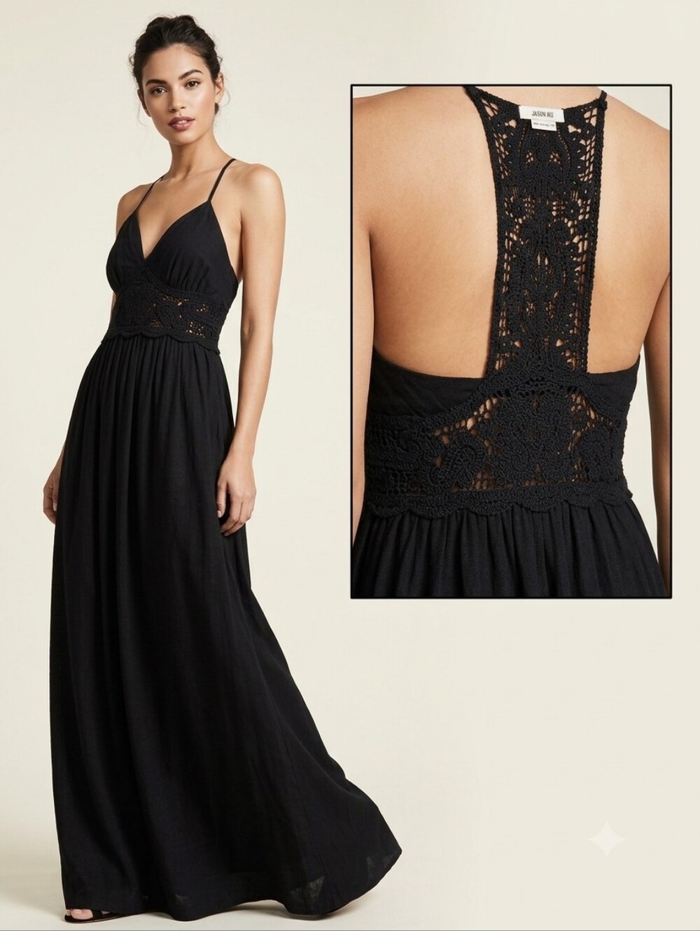 JASON WU Black Crochet Lace Racerback Maxi Dress Linen Blend Medium